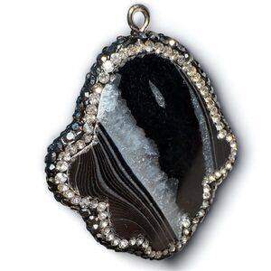 Black Agate Heart Pendant with Crystal Drusy & Rhinestone Frame